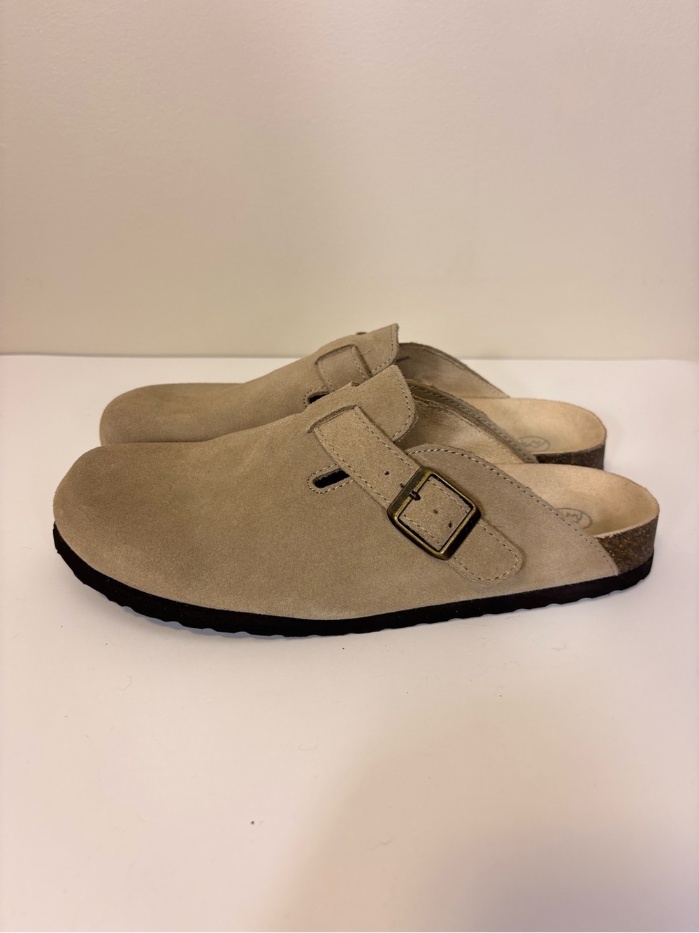 White Mountain Women's Suede Slip-On Mules in Taupe with Buckle 9